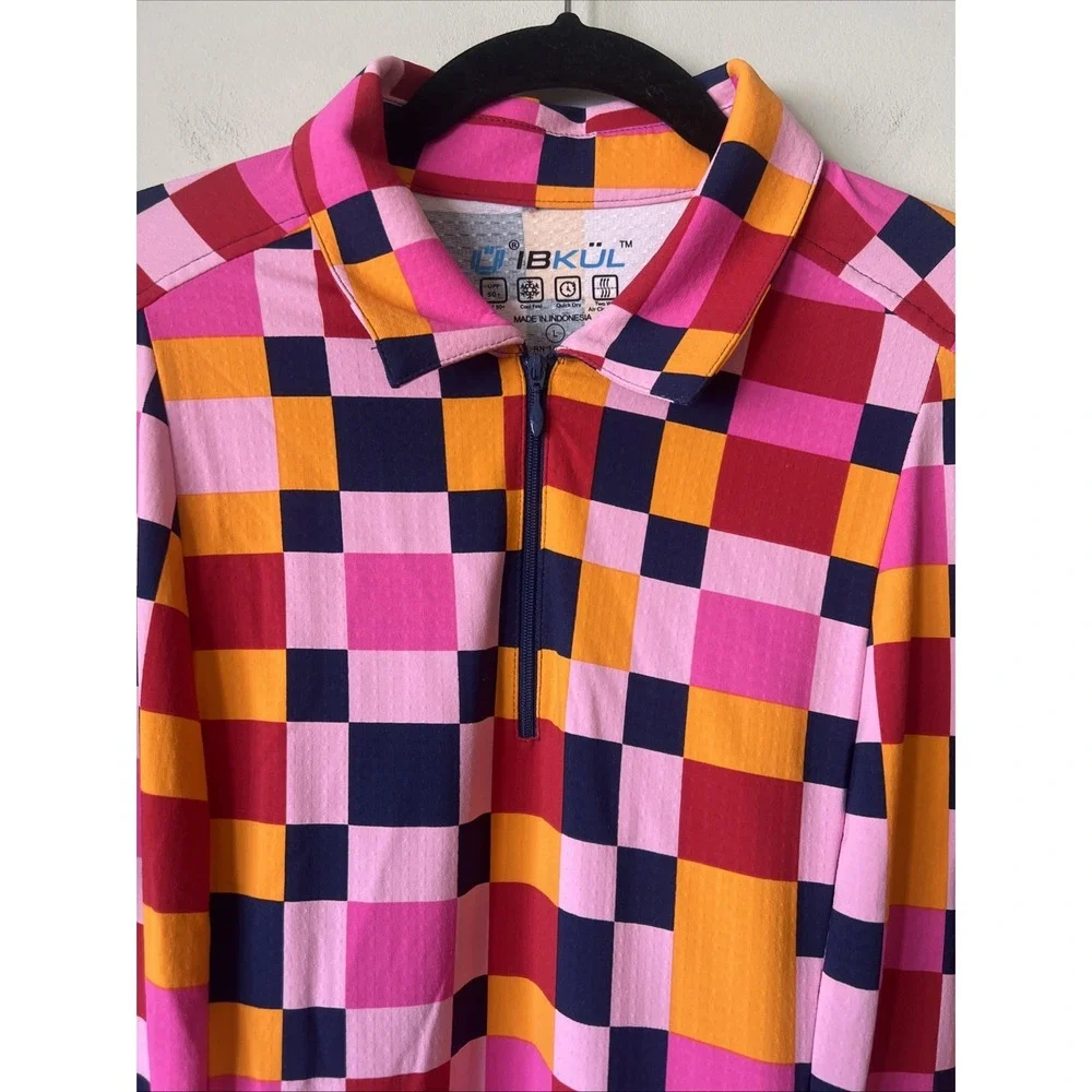 IBKUL Annalise Godet Flounce Hem Zip Neck Dress Pink/Orange Check Size Large SPF
